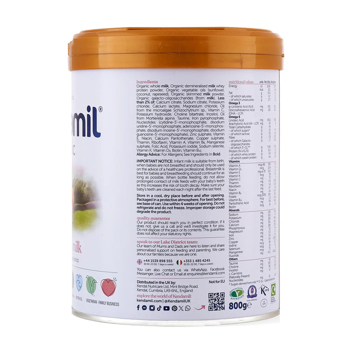 Kendamil UK Organic Stage 1 European organic baby formula 800g can, organic ingredients, notice and storage in English