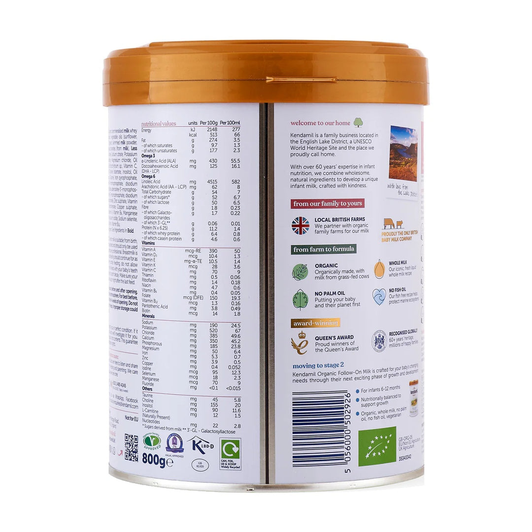 Kendamil UK Organic Stage 1 European organic baby formula 800g can, nutrition table and EU organic leaf in English