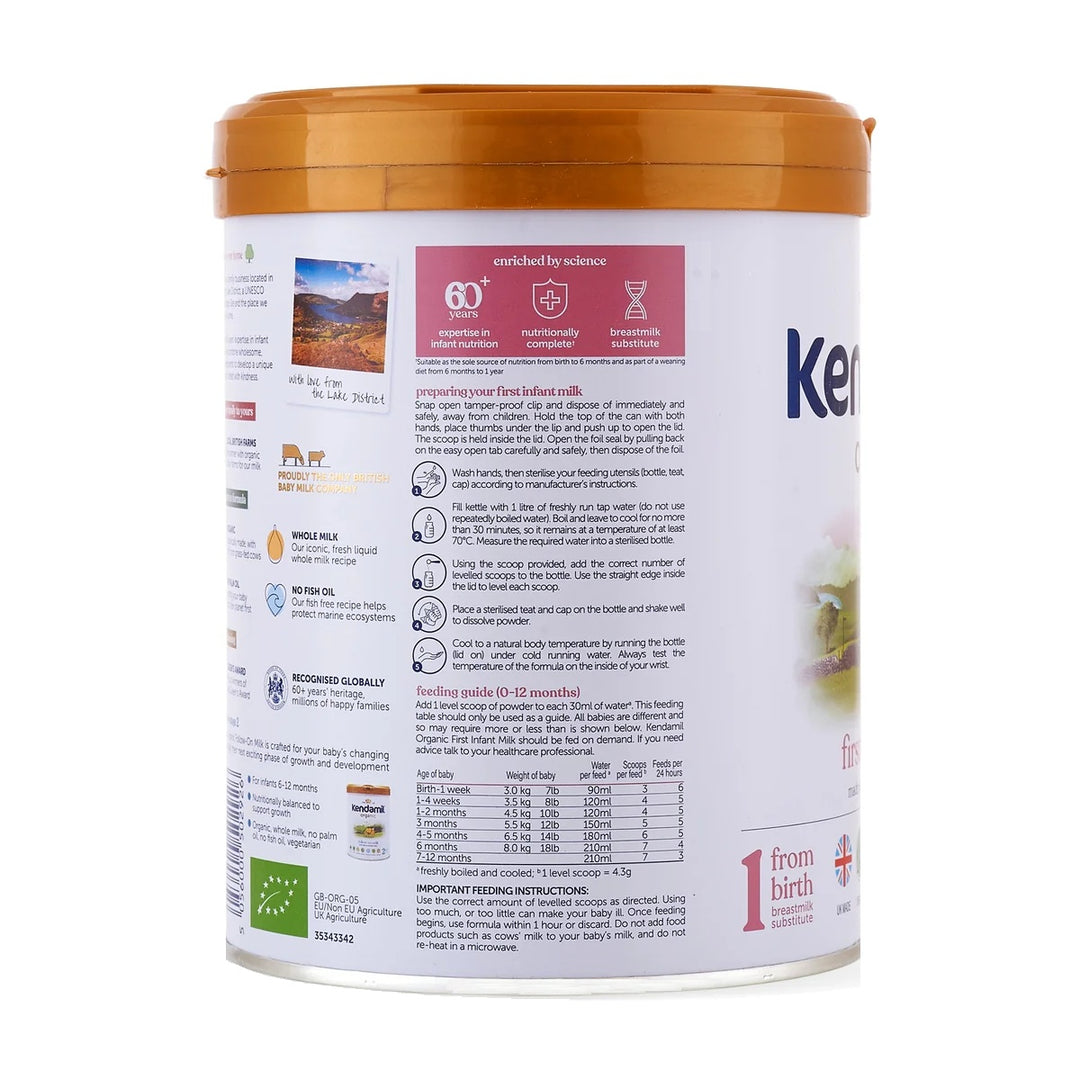 Kendamil UK Organic Stage 1 European organic baby formula 800g can, preparation steps and feeding guide by age in English