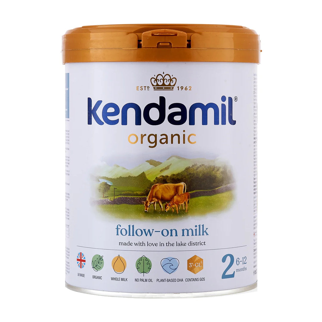 Kendamil UK Organic Stage 2 European organic baby formula 800g can, front with follow on milk, UK made, 6 to 12 months