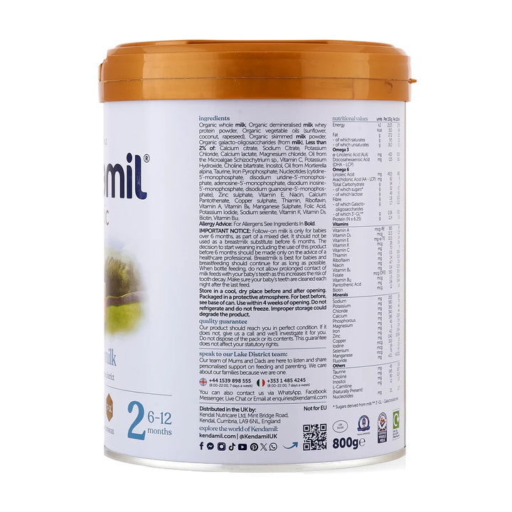 Kendamil UK Organic Stage 2 European organic baby formula 800g can, organic ingredients, notice and storage in Englis