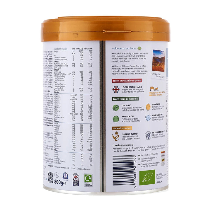 Kendamil UK Organic Stage 2 European organic baby formula 800g can, nutrition table and EU organic leaf in English