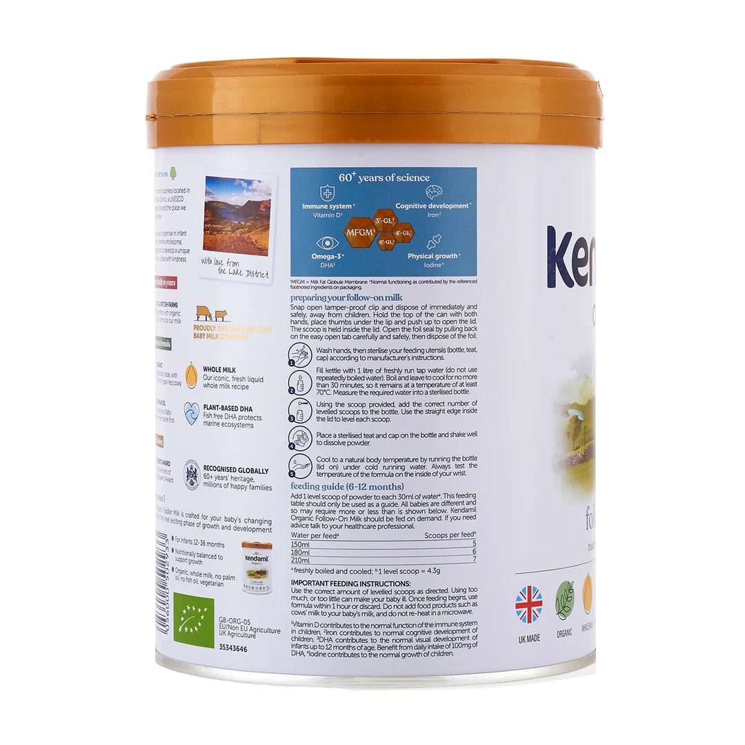 Kendamil UK Organic Stage 2 European organic baby formula 800g can, preparation steps and feeding guide in English