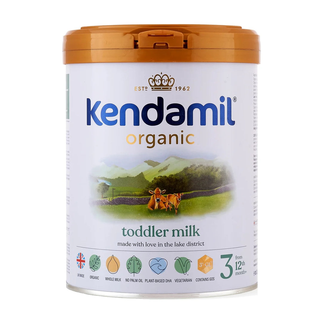 Kendamil UK Organic Stage 3 European organic toddler formula 800g can, front with toddler milk, UK made, from 12 months