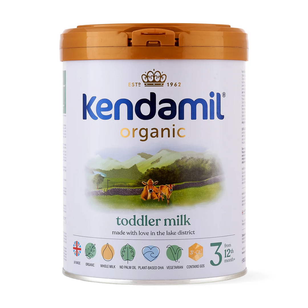 Front of the Kendamil UK Organic Stage 3 800g can, English label, European organic whole milk toddler formula, 12 to 36 months