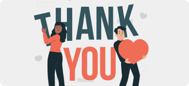 Two people holding signs with 'THANK YOU' and a heart, on a white background