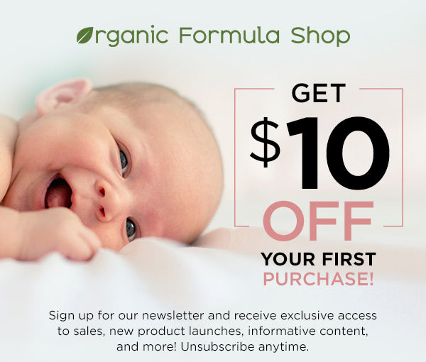 Advertisement for Organic Formula Shop with a baby and promotional text.