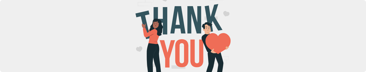 Two people holding signs with 'THANK YOU' and a heart, on a light gray background